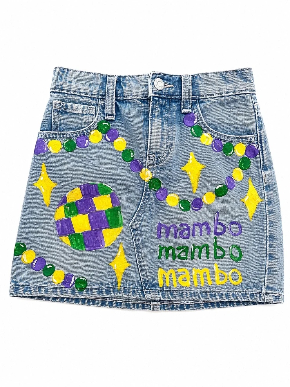 Hand-Painted Denim Skirt with Mardi Gras Motif Mardi Gras Mambo Kids